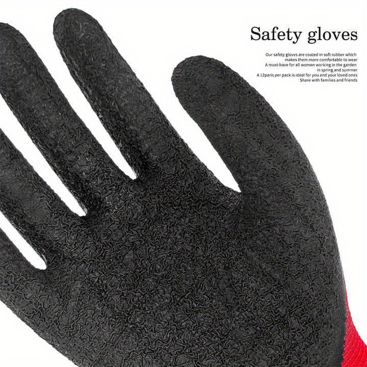 12 Pairs] Red White Work Gloves - Rubber Coated Working Glove