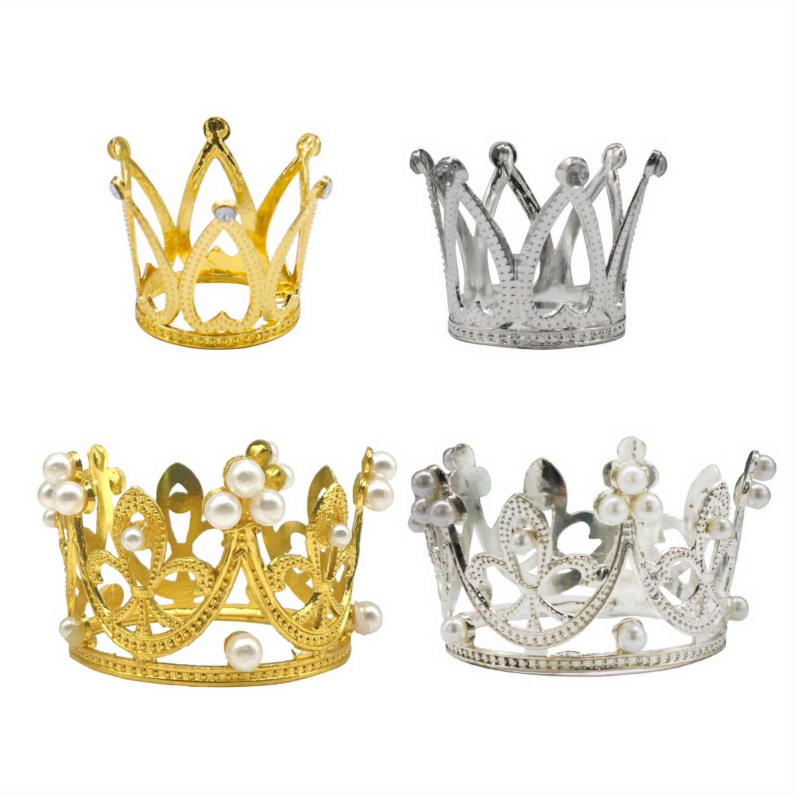 4 PCS Crown Cake Topper, Gold Mini Crown for Cake Topper Flower  Arrangements Bouquet, Crystal Pearl Vintage Tiara Small Baby Princess Crown  for