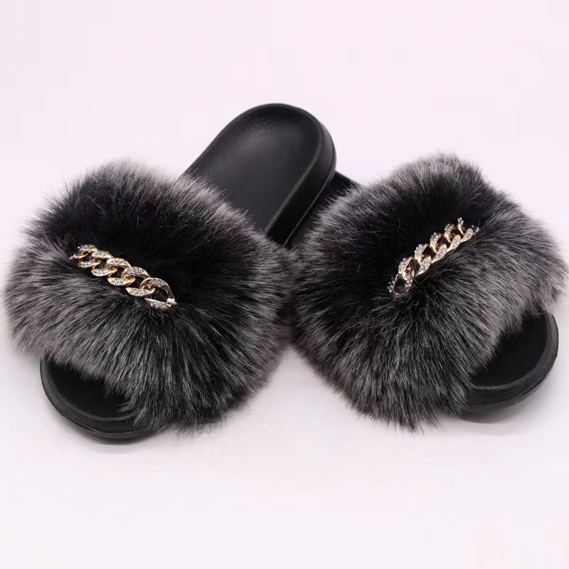 Women s Fluffy Furry Flat Slippers Fashion Chain Decor Open Temu