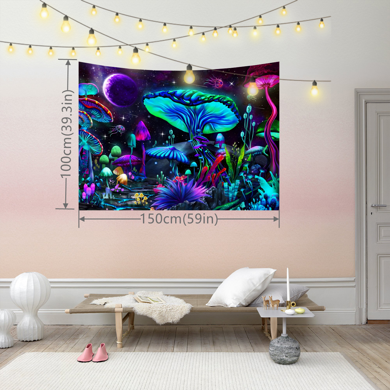 1pc Mushroom Blacklight Tapestry Uv Reactive Peach Skin - Temu