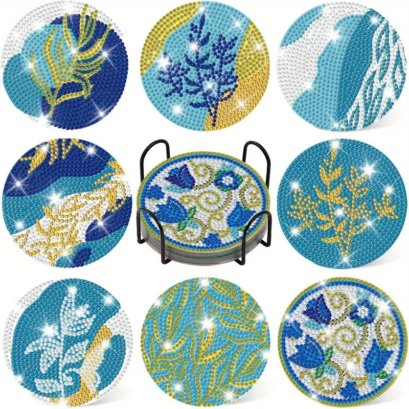 Diamond Painting Coasters With Stand Set Boho Vine Leaves - Temu