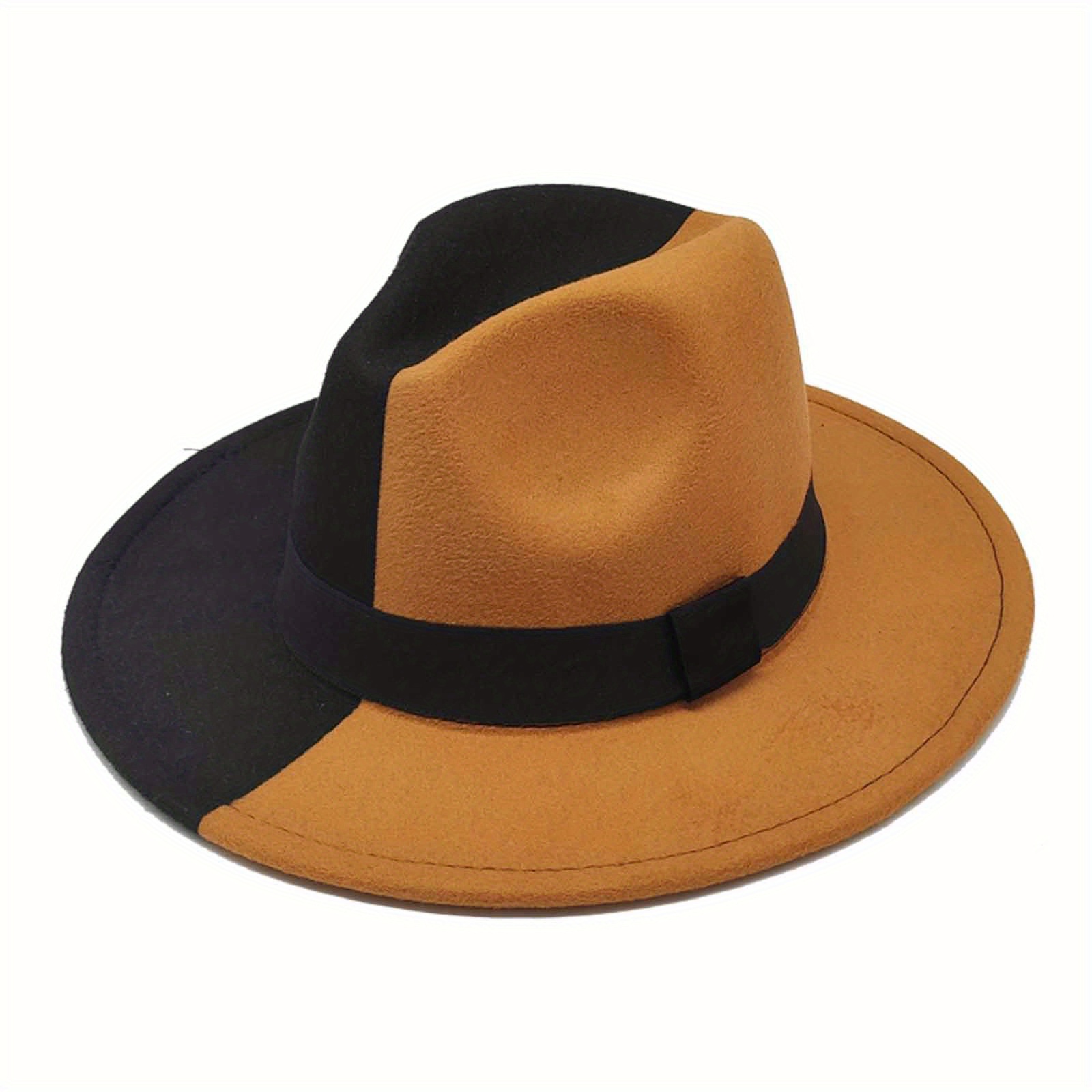 Khaki&black Funky 1pc Hat, Men's Wide Brim Fedora Hat Two Tone and for Women,Temu