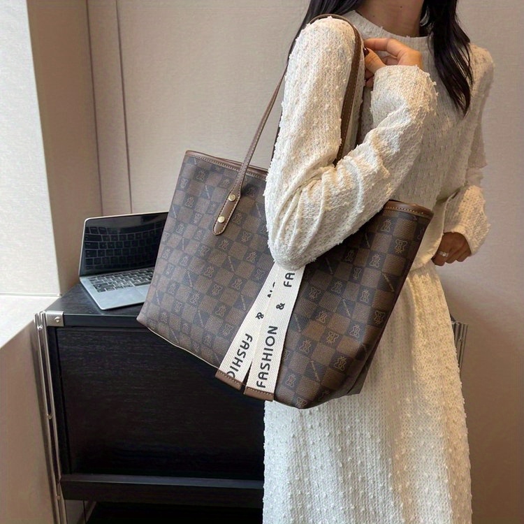 Large Retro Geometric Pattern Tote Bag, Classic Luxury Shoulder