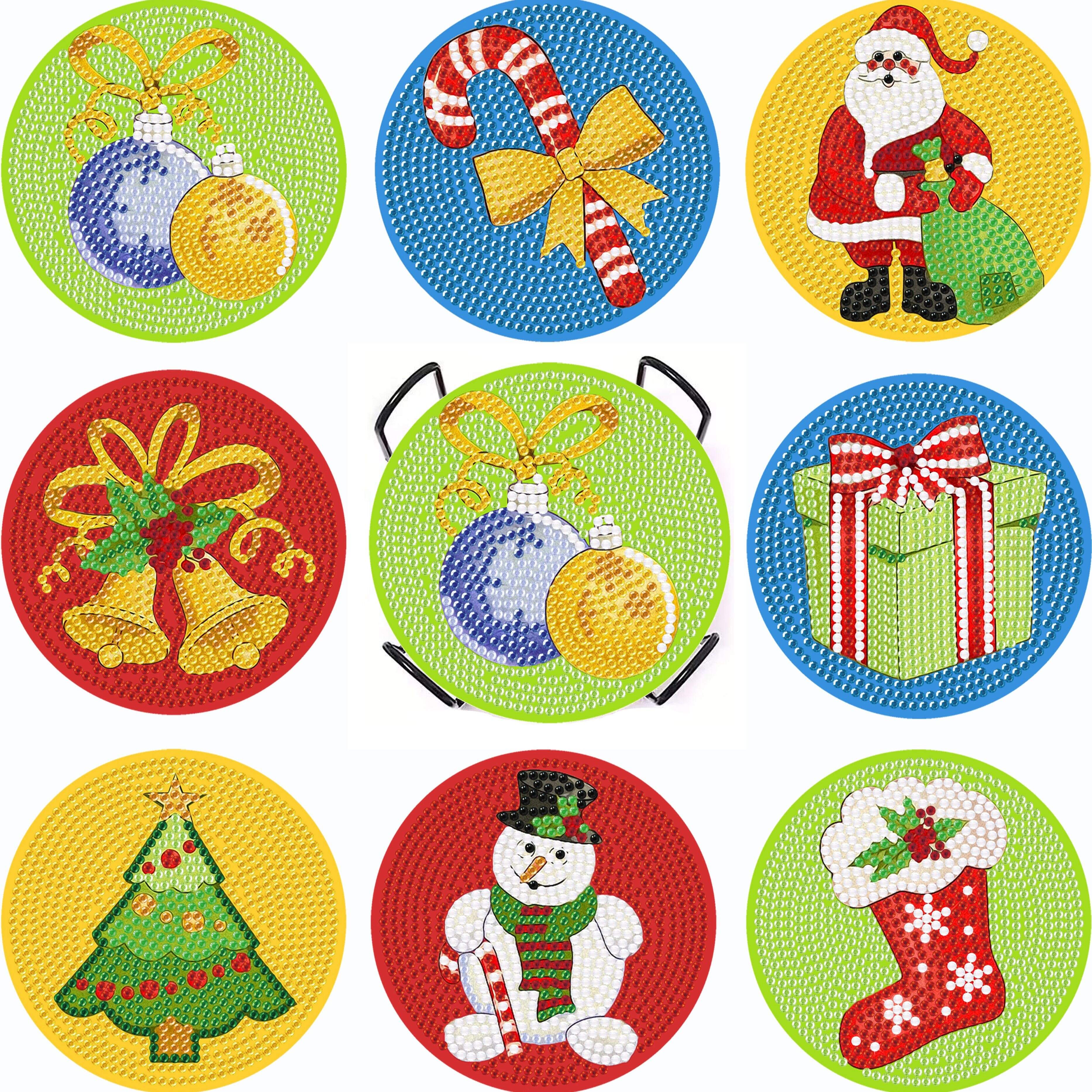  8 Pcs Christmas Diamond Art Painting Coasters Kits with Holder  DIY Christmas Candy Santa Diamond Art Coaster Non Slip Coaster for Adults  Xmas Holiday Diamond Painting Kits Supplies