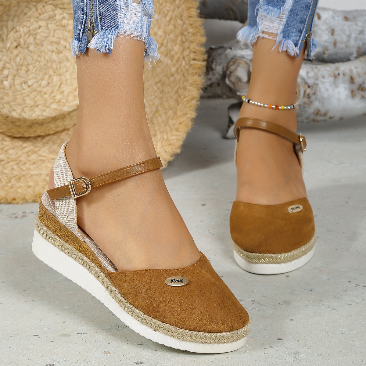 Women's Closed Toe Platform Sandals、Round Toe Ankle Elastic Strap Buckle  Wedge Espadrilles Shoes、Summer Comfy Footwear