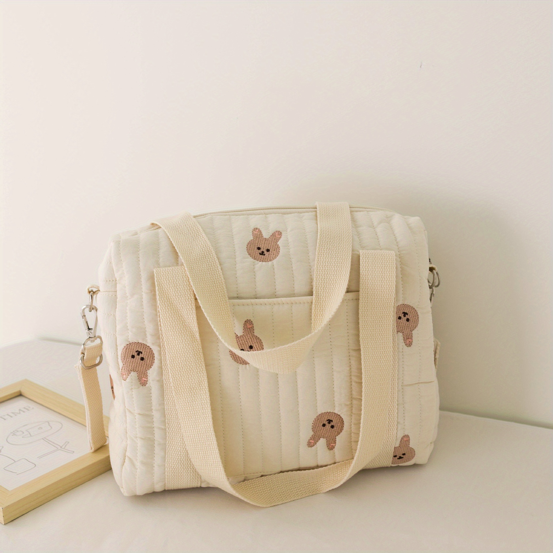 INS Beige Cotton Embroidery Storage Basket, Baby Diaper Cloth Bag