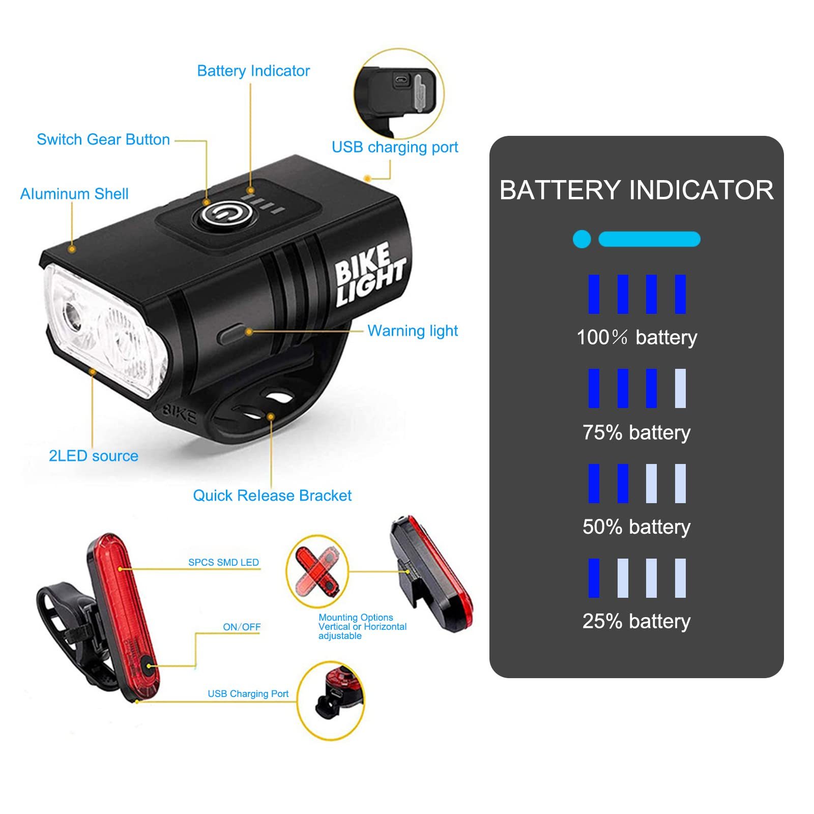 Fietsverlichting, USB Oplaadbare Voor- en Achterlichten met 6+4 Modi Geschikt voor Alle Soorten Fietsen, Inclusief Mountainbikes en Racefietsen, voor 's Nachts Fietsen.
