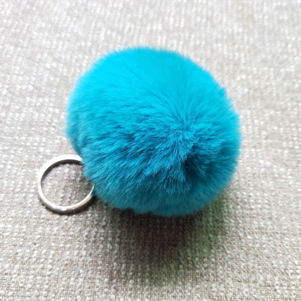 Blue Fuzzy Faux Fur Ball Keychain Keyring