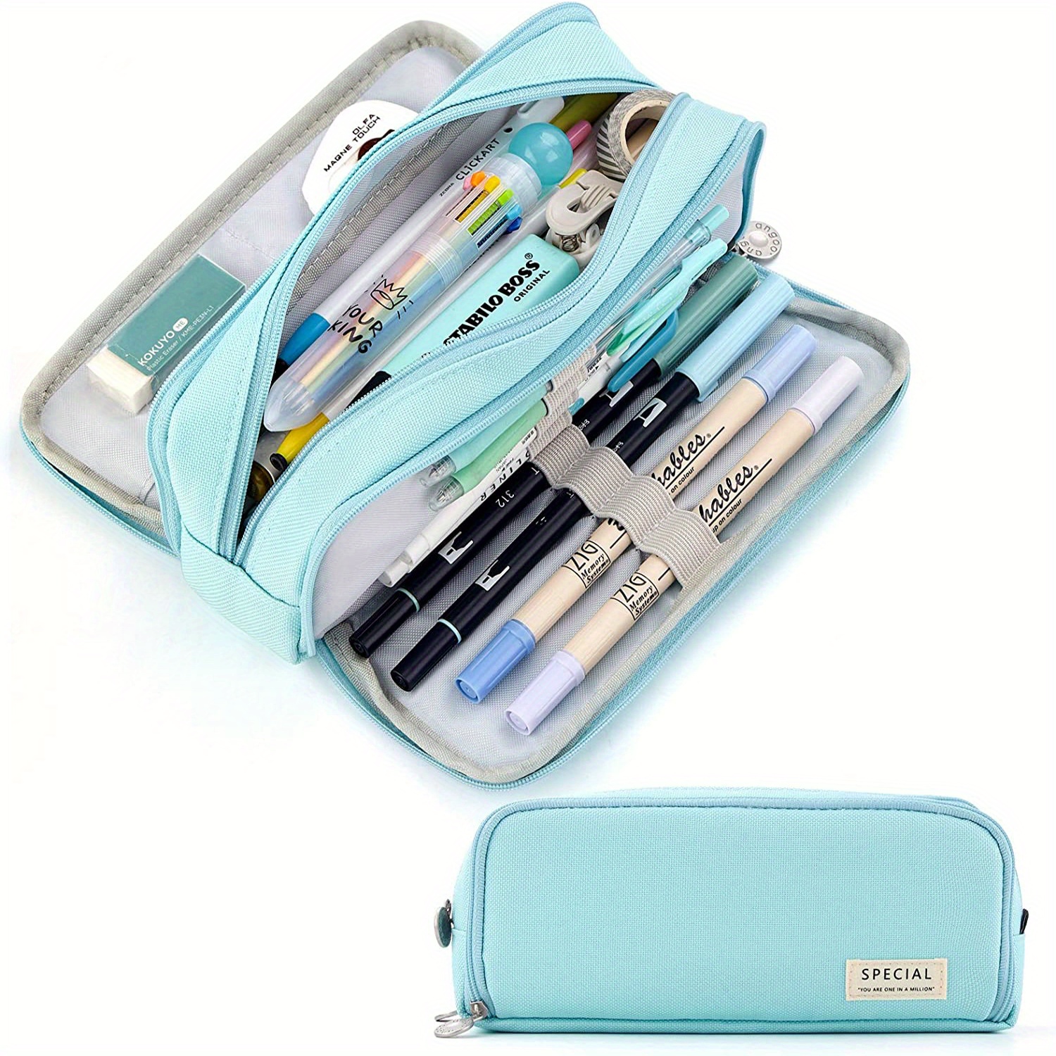 Canvas Pencil Pouch With Handle & Zipper For Students Blue & Gray Color