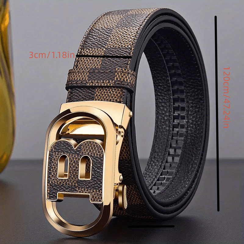 New Leather Belt Automatic Buckle First Layer Cowhide Checkerboard Genuine  Leather Men's Belt Business Casual Leather Belt - Temu