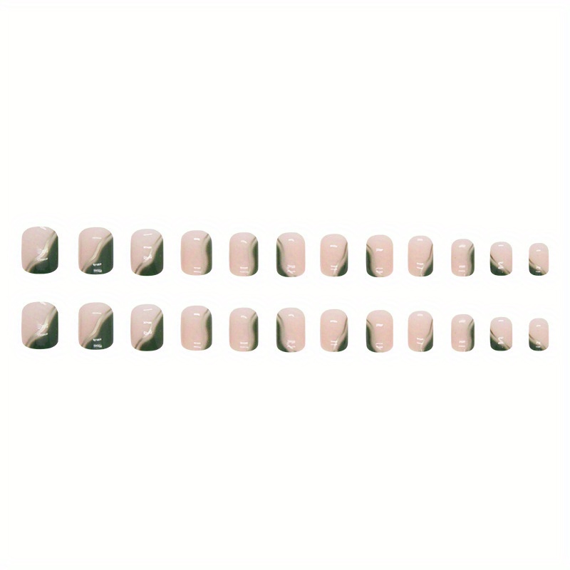 square press on nails short fake nails green french tip ballet glue on nails with golden lines design 24pcs glossy acrylic nails for women details 3