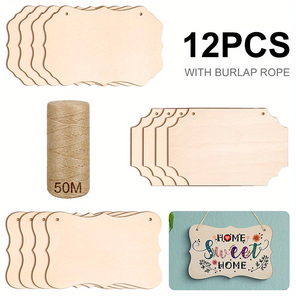 FSWCCK 40 Pcs Unfinished Wood Pieces Rectangle-Shaped Rustic Blank Wood  Tags with Holes Light Wooden Cutouts, and 10M Hemp Rope, for Craft  Projects