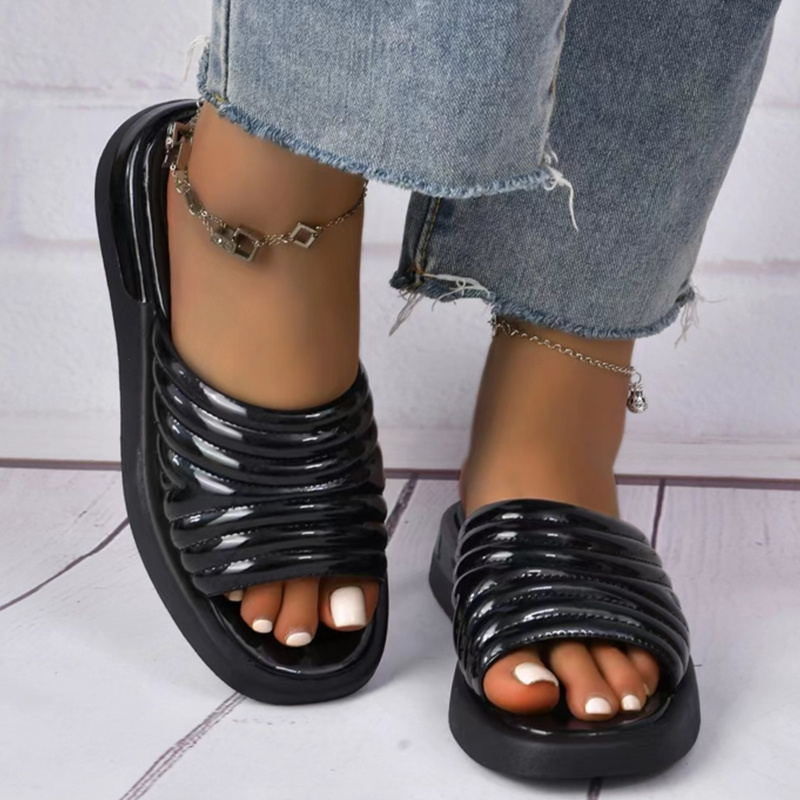 Women's Metal Chain Decor Flat Slides, Square Open Toe Non Slip Slide Sandals, Outdoor Versatile Slides