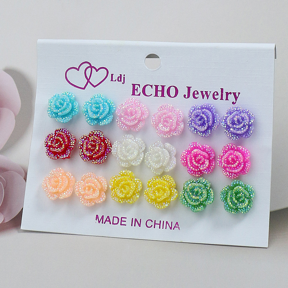 Image of 5 Pairs/9 Pairs Women's Multicolor Floral Heart-shaped Earrings Set - Bohemian Style, Vibrant Pastel & Neon Colors, Dainty Hoop Earrings For Daily Wear & Special