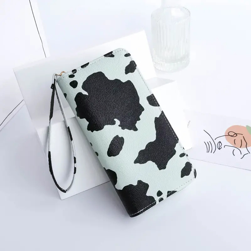 Pzuqiu Brown Cow Print Long Wallet for Women PU Leather Credit