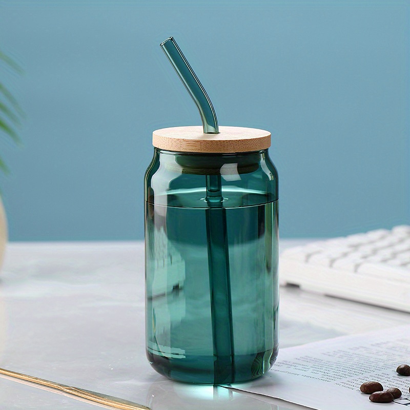Can Shaped Glass Mug Cup with Bamboo Lid and Glass Straw, Heat