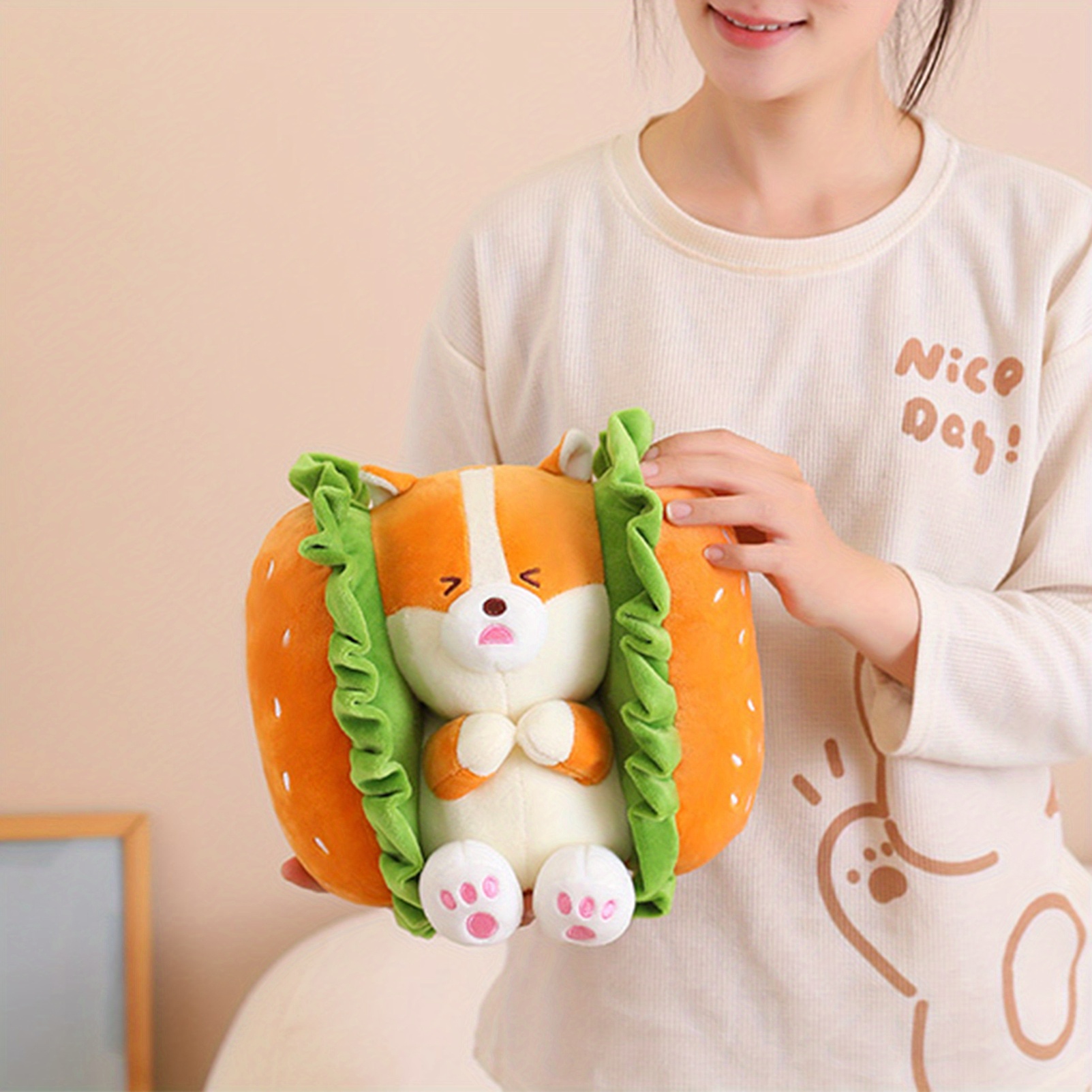 Cute Hamburger Dog Plush Corgi Toy, Plush Hamburger Rabbit Toy, Devil