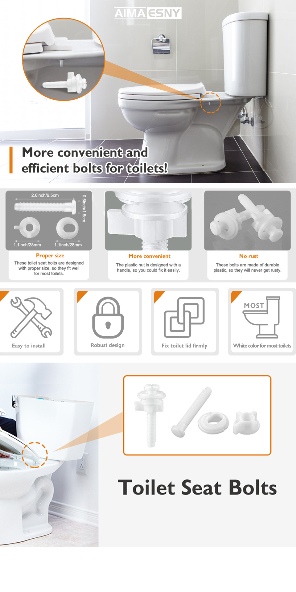 2pcs Toilet Seat Screws Replacement Plastic Toilet Seat Hinge Bolt Screws With Plastic Nuts And