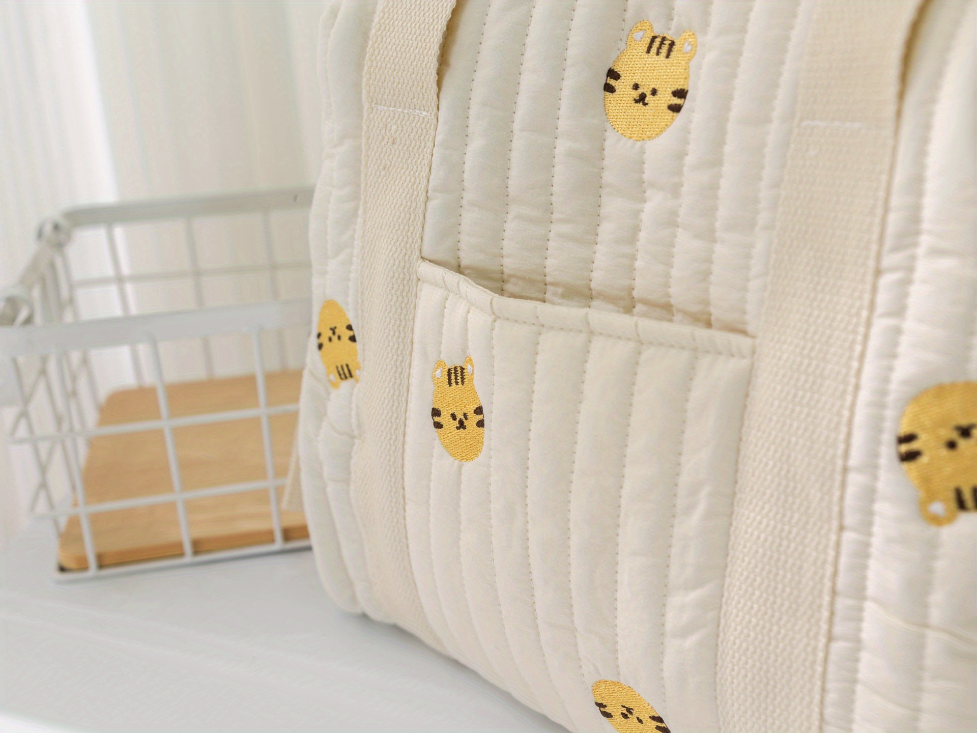 embroidery pattern baby beige cotton fabric zipper diaper bag large travel stroller diaper storage organizer for mom and dad multifunction baby tote bag for boys and girls details 6