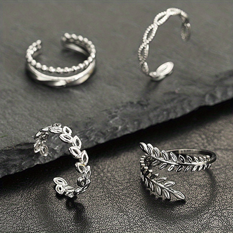 Image of 4pcs Fashion Stainless Steel Rings Set Simple Adjustable Open Hollow Out Pattern Geometric Rings Men's Women's Wedding Accessories