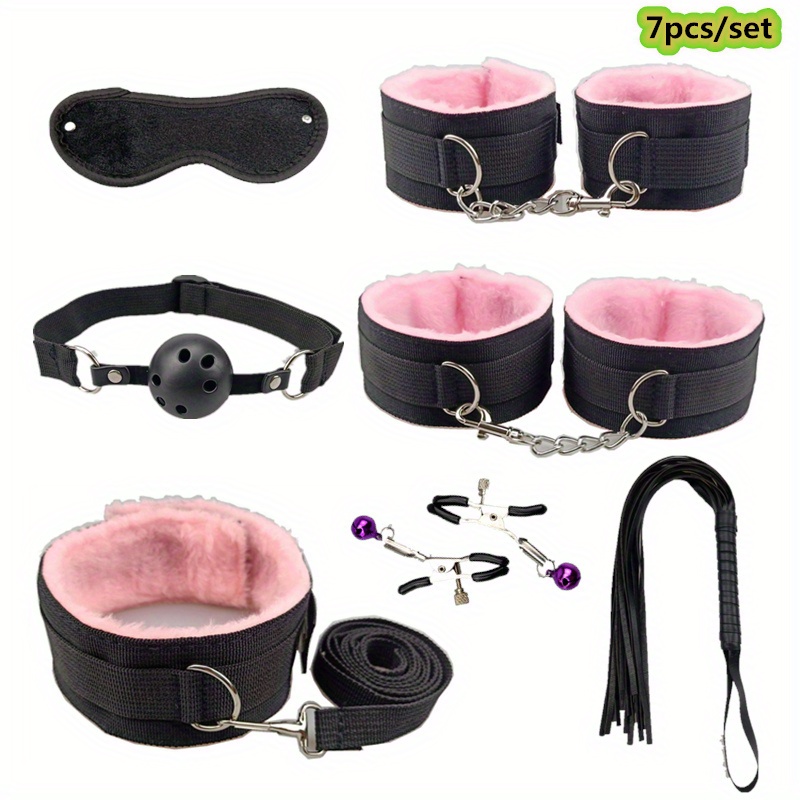 Bdsm Set Plush Bondage Collar Nipple Clip Handcuffs Whip - Temu