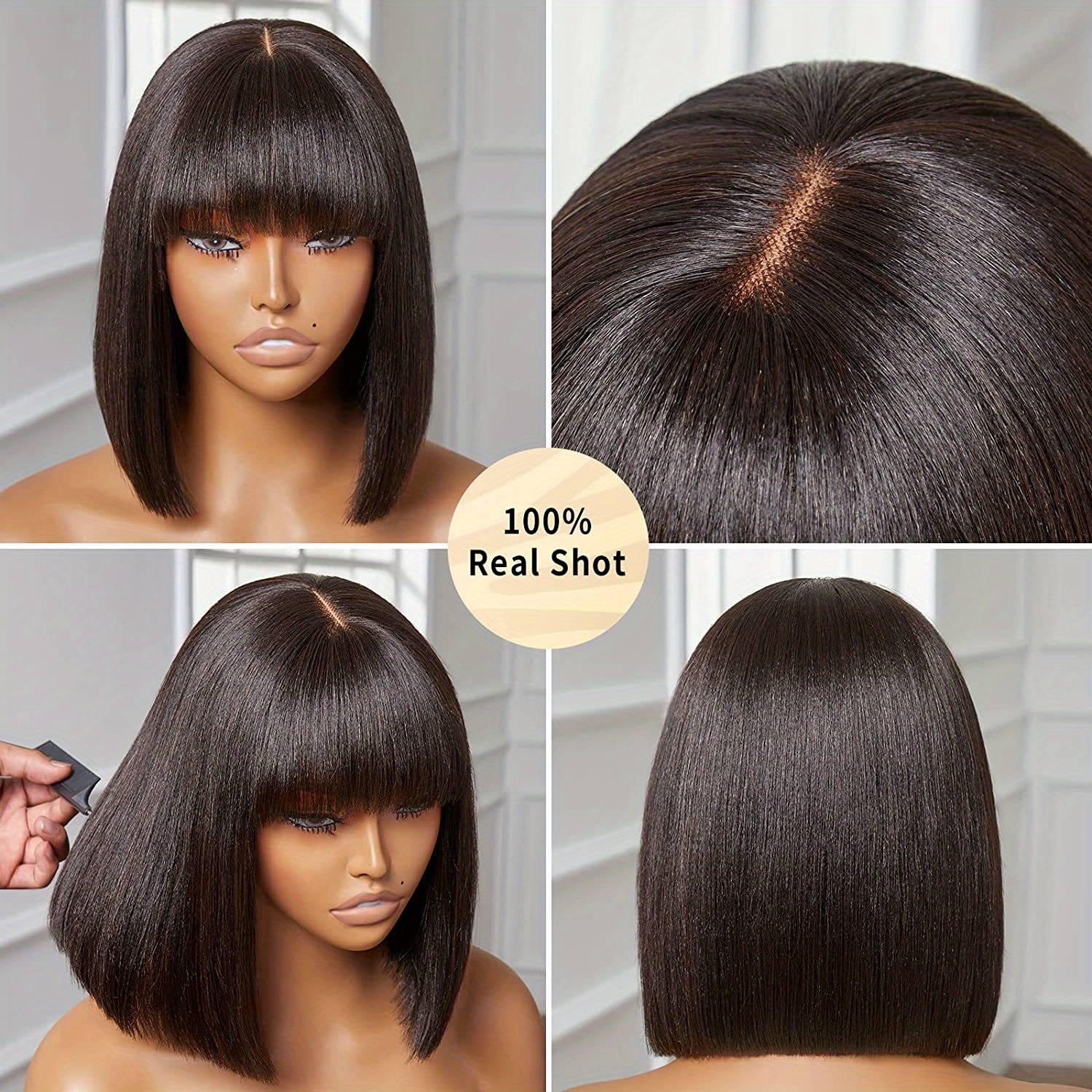 180% 4x4 Human Hair Wig Straight Bob Wig With Bang Glueless Yaki ...