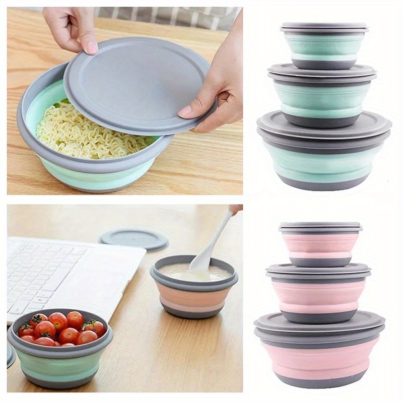 3pcs set camping bowls with lids foldable silicone collapsible bowl lunch box salad bowl expandable food storage container bento box high quality food container for travel   details 3