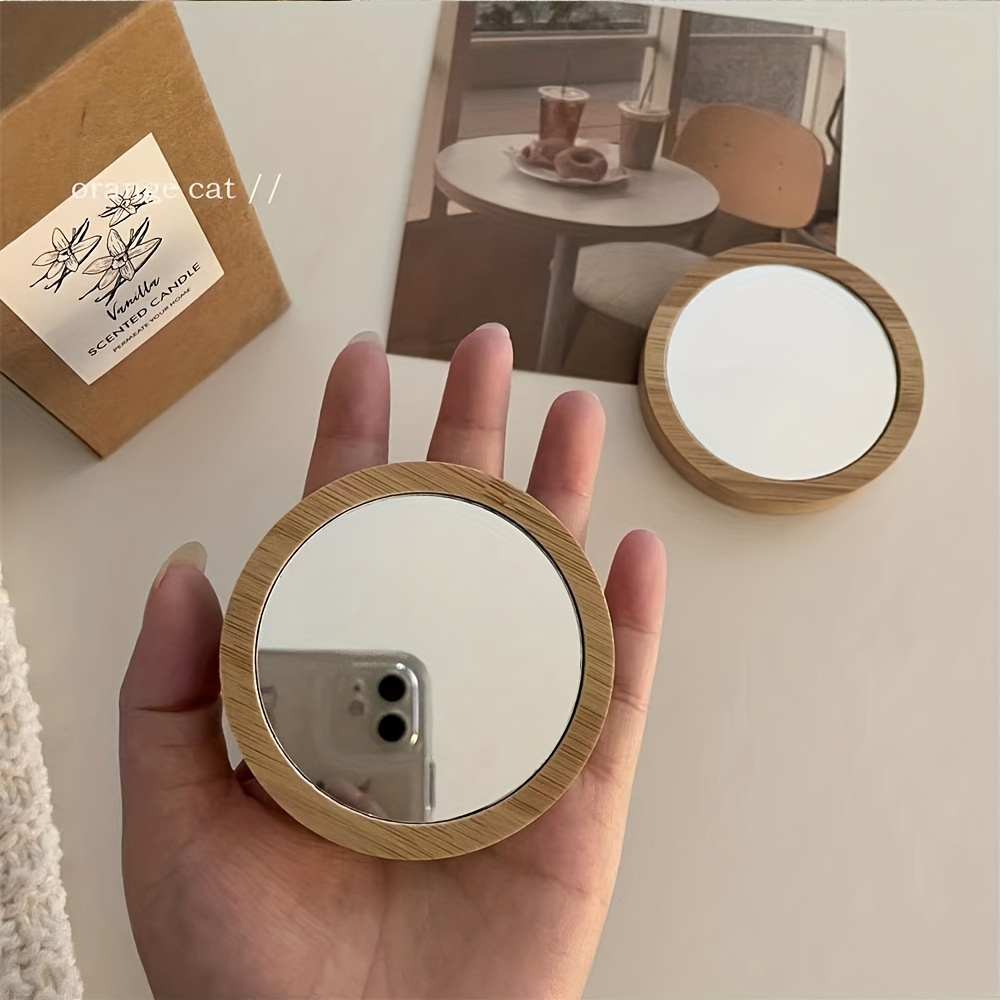 

1pc Portable Wooden Mirror For Travel And On-the-go - Compact Round Mirror For Handheld Beauty Touch-ups