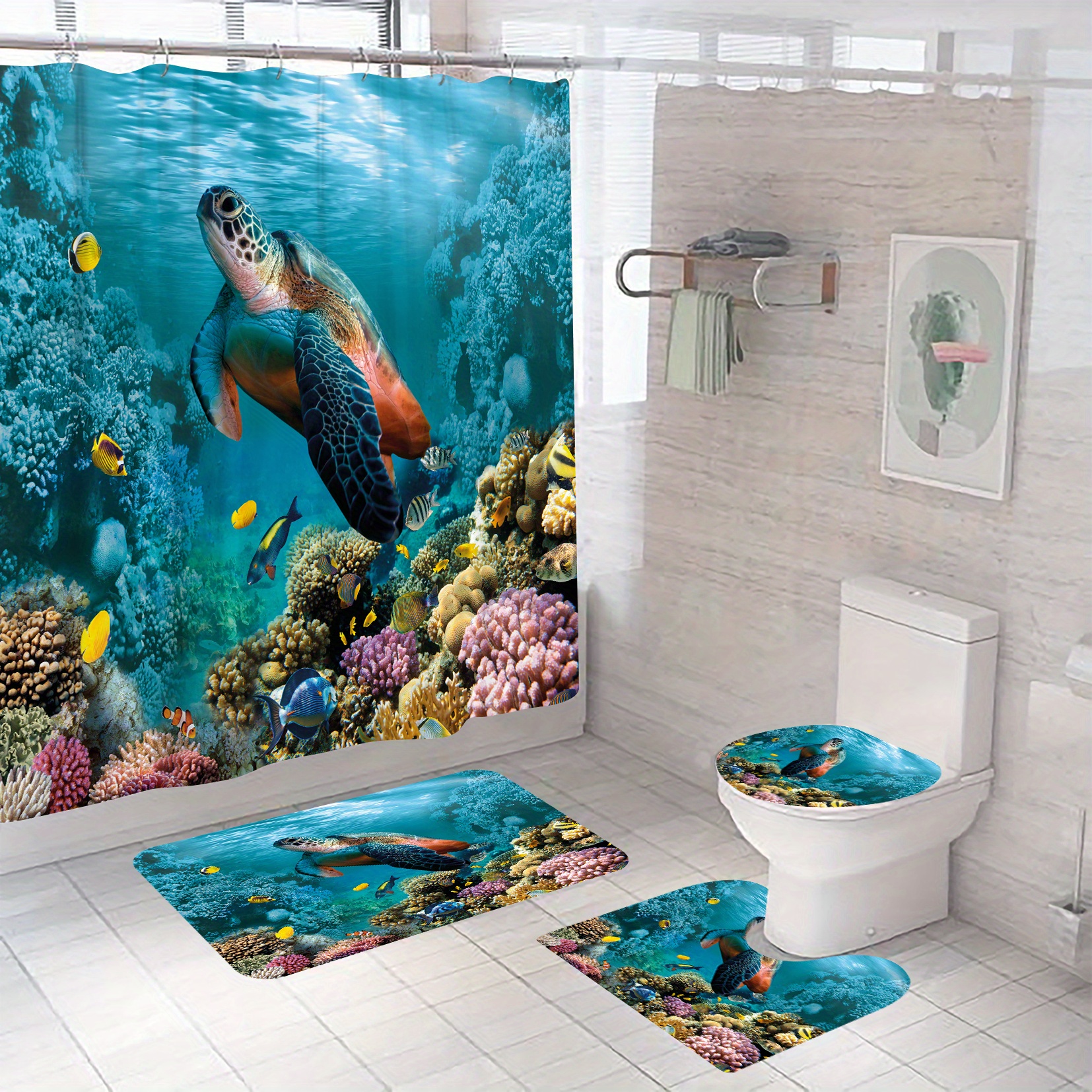 Turtle Shower Curtain Four-piece Set, Bathroom Decor Sets With Rugs Include  Waterproof Shower Curtain Non-slip Rug Toilet Lid Cover Bath Mat And 12  Plastic Hooks - Temu