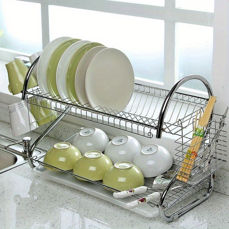 1pc Rust Proof 2 Tier Dish Drying Rack With Drain Board Hooks And