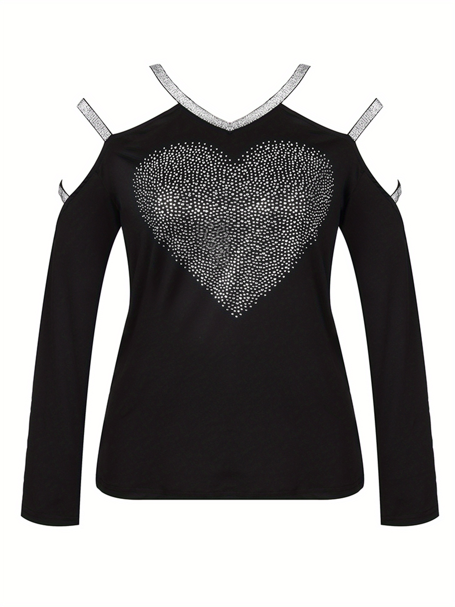 Rhinestone Heart Pattern V Neck T shirt Casual Cutout Long - Temu