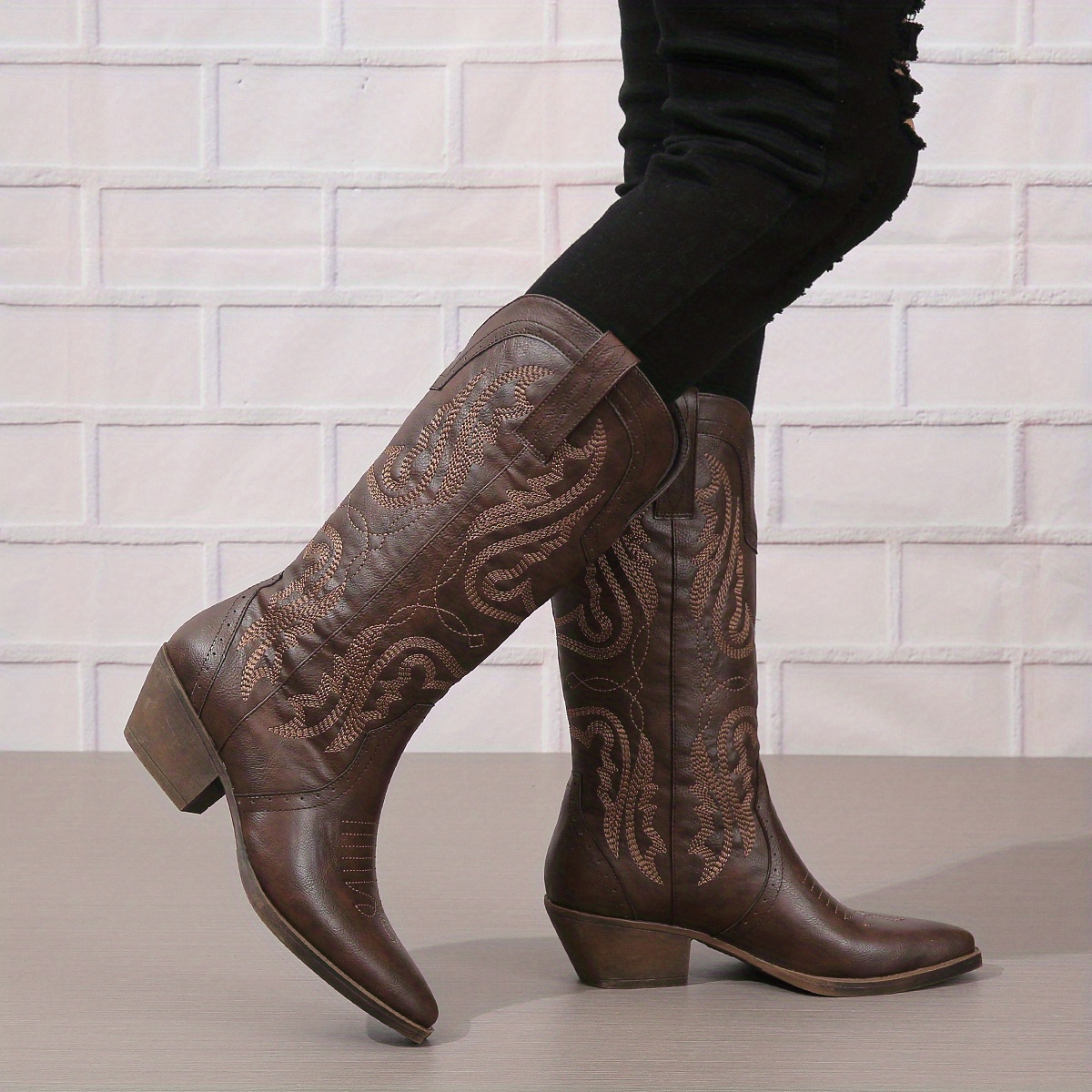 Women's Embroidery Cowboy Boots Solid Color Pointed Toe V - Temu