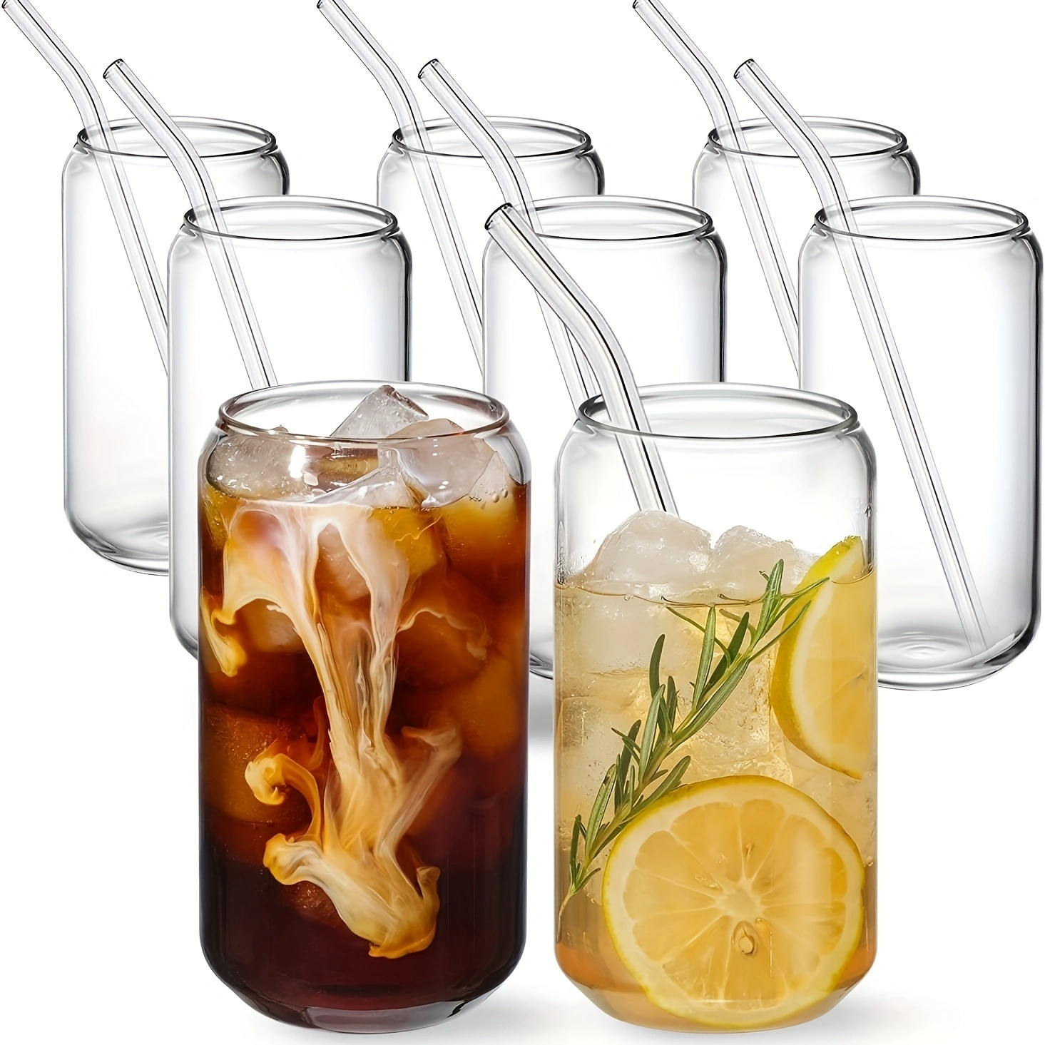 Drinking Glasses with Bamboo Lids and Glass Straw 4pcs Set -  16oz Can Shaped Cups, Beer Glasses, Iced Coffee Cute Tumbler Cup, Ideal for  Cocktail, Whiskey, Gift 2 Cleaning Brushes