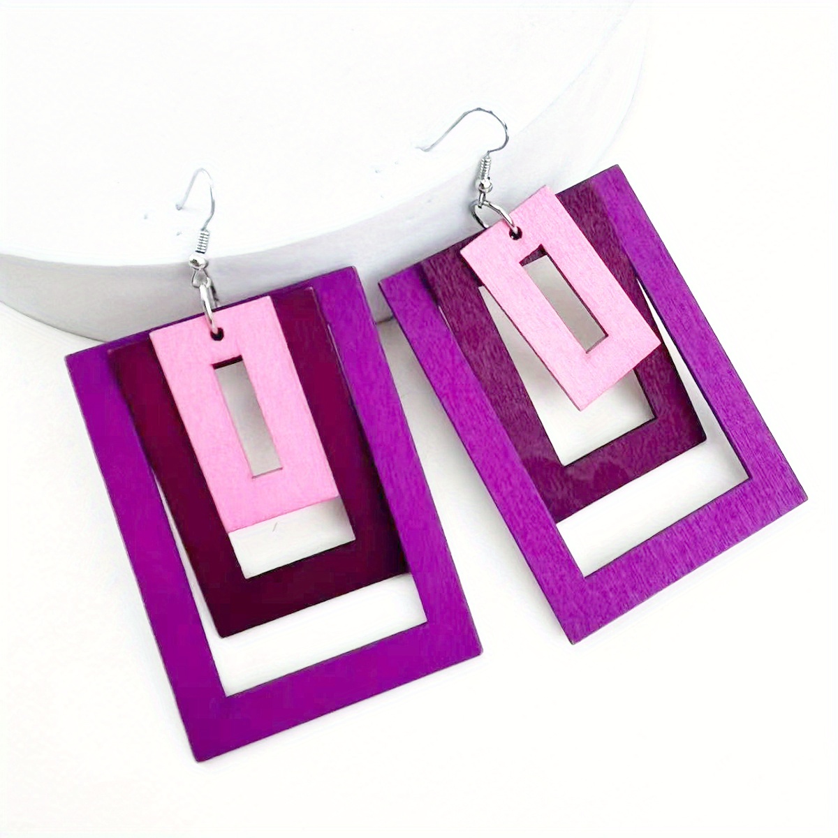 TEMU 1 Pair Of Chic Wooden Geometric Square Gradient Earrings - Vacation/, Alloy Hooks, & Getaways, Quirky Earrings