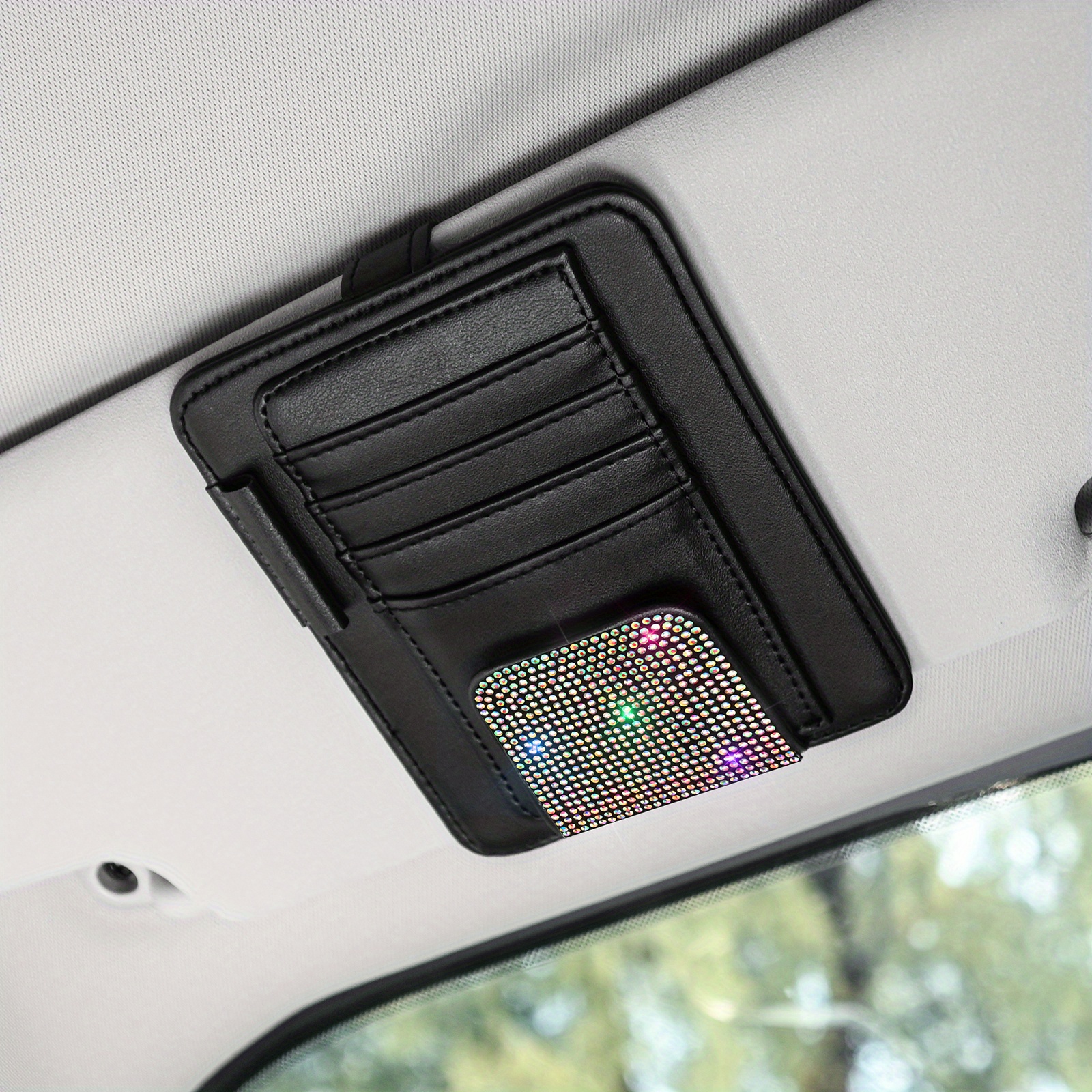 Car Sun Visor Organizer Multi pocket Rhinestone Pu Leather - Temu