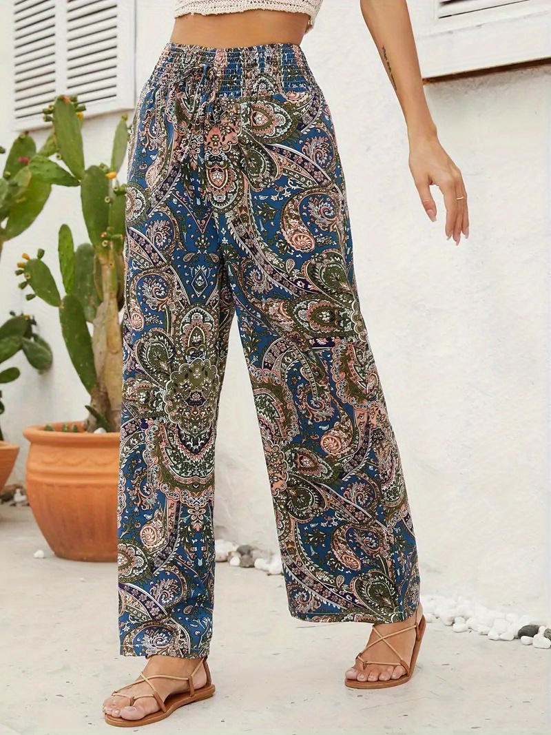 Paisley Print High Waist Pants Boho Wide Leg Summer Pants - Temu