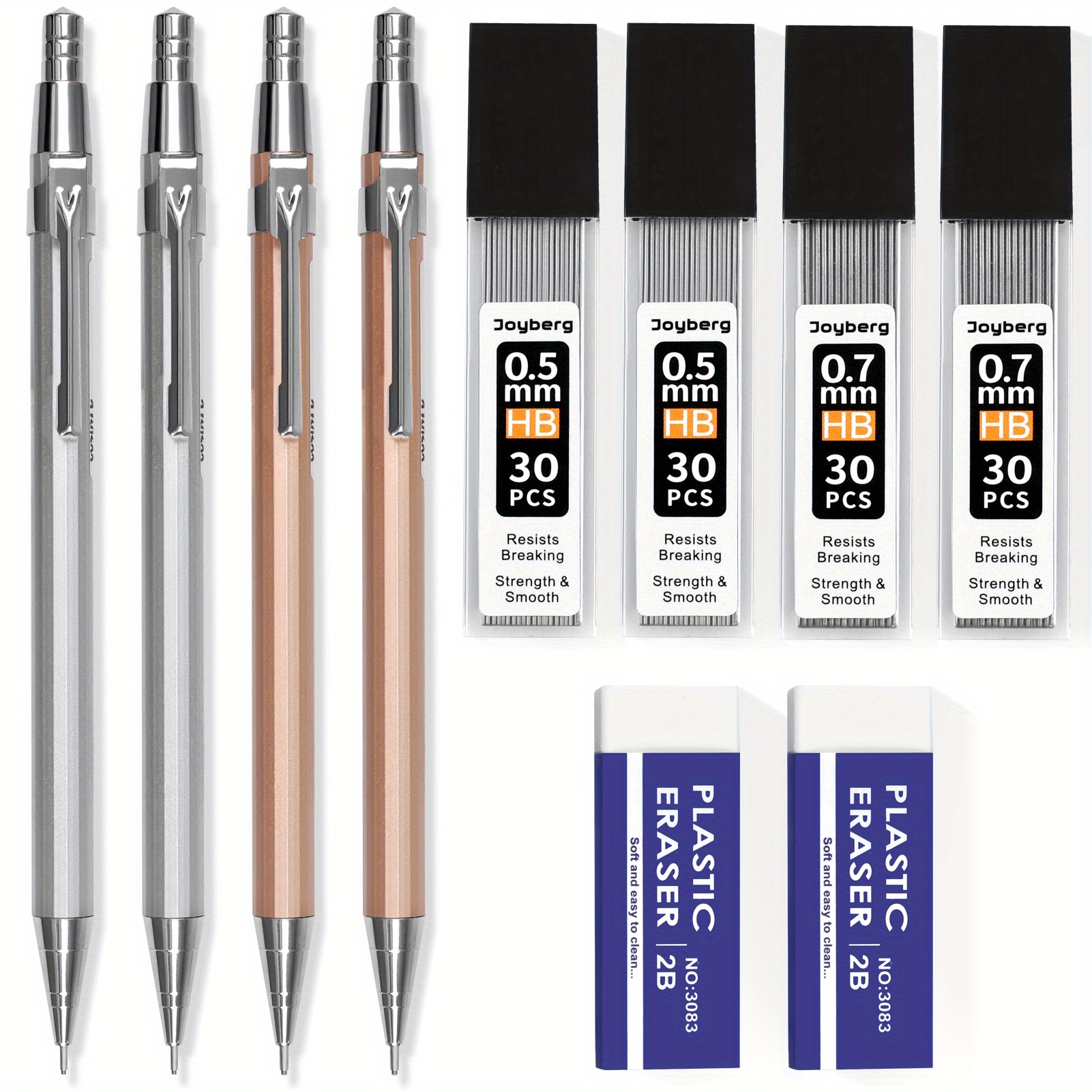 Joyberg 4 Pack Metal Mechanical Pencil 0.5mm, 0.7mm, Lead Pencil with 30 HB Lead Refills 0.5 & 30 HB Lead Refills 0.7 & 2 Erasers, Drafting Pencil Set