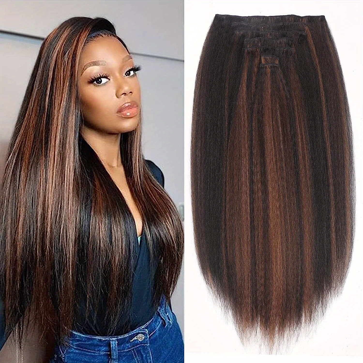 Natural Black Yaki Straight Clip in Hair Extensions For - Temu