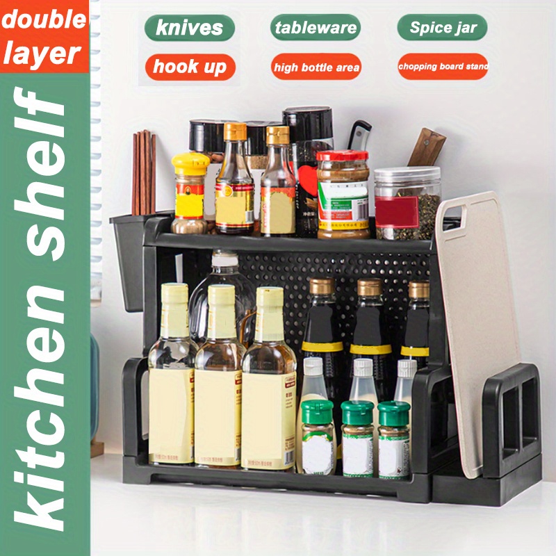 2 Tiers Kitchen Countertop Organizer Kitchen Spice Rack Counter Storage  Shelf with Chopsticks Knife Holder Hook Cutting Board Holder 