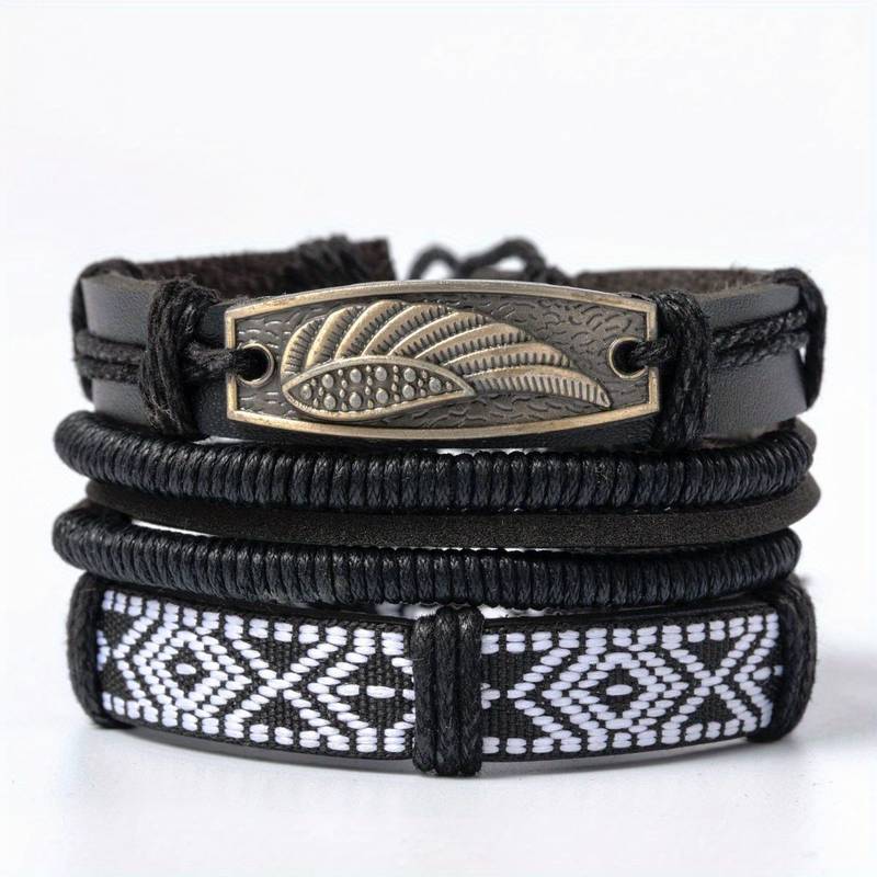 Classic Surfer Braided Leather Wristband Bracelet Men's Cuff - Vintage Black