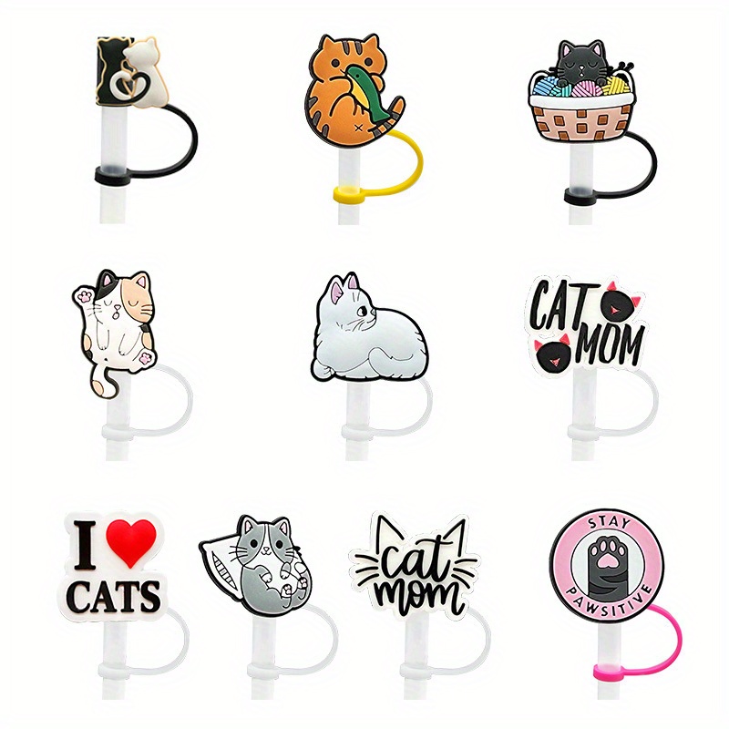 10Pcs Cat Straw Covers Cap Tumbler Straw Topper Cute Silicone Straw Tips  Reusable Drinking Straw Lids for 6-8mm Straws