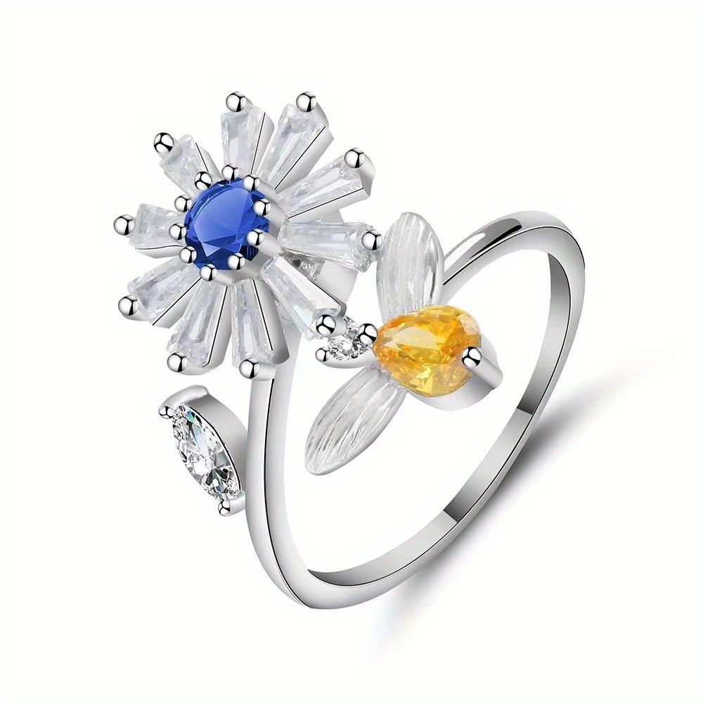 Anello Aperto Regolabile Con Strass Girasole E Ape, Sconti Per Tutti