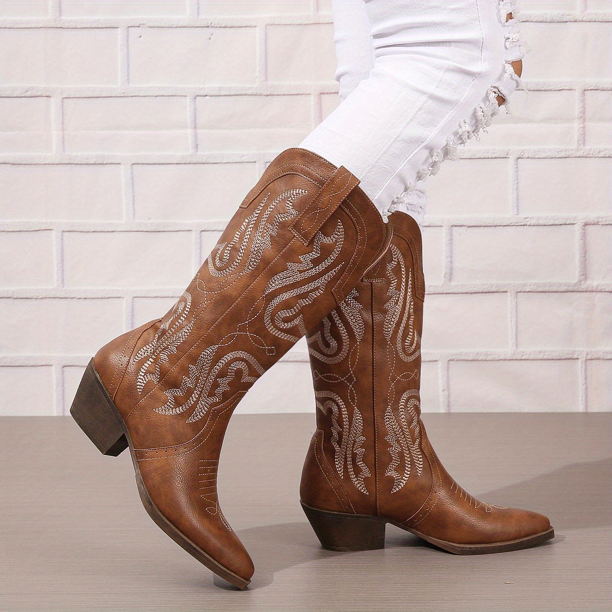 ymiytan bottes de cowboy pour les femmes tirent sur cowgirl botte large  largeur bas talon chaussures occidentales kaki 7