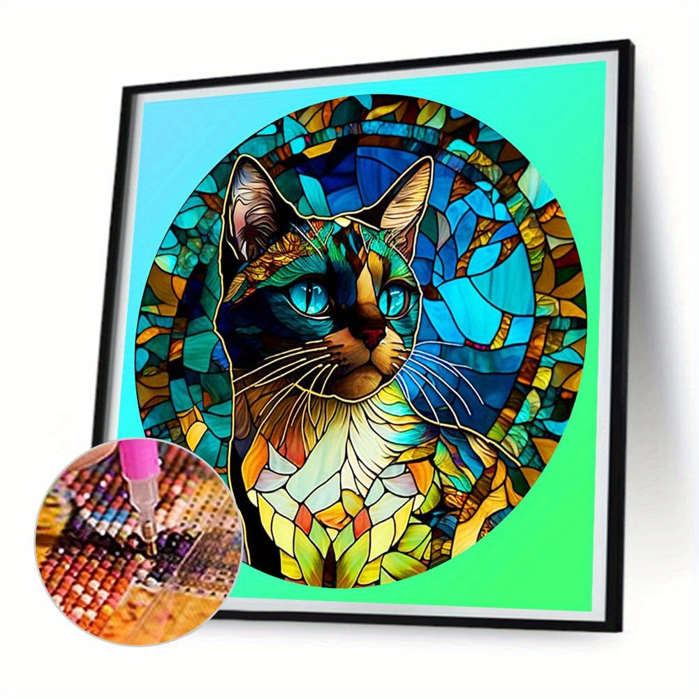 Frameless Diy 5d Diamond Painting Set Glass Crystal Cat - Temu