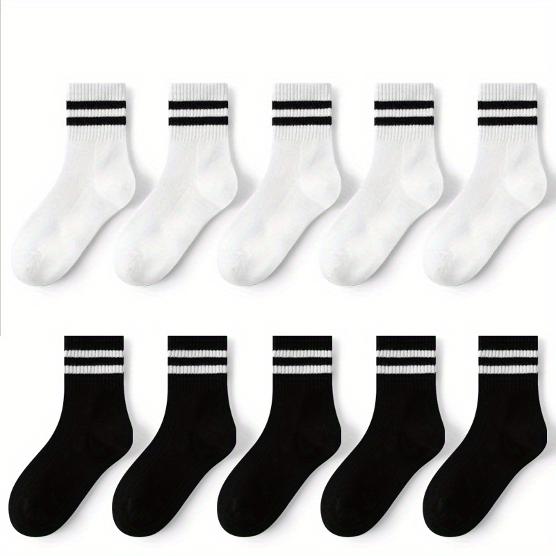 Image of 10 Pairs Of 's Socks Spring, Summer, Autumn Thin Style Two-strip Solid Color Student Socks Sports White Mid-calf Breathable Sweat-absorbent,halloween