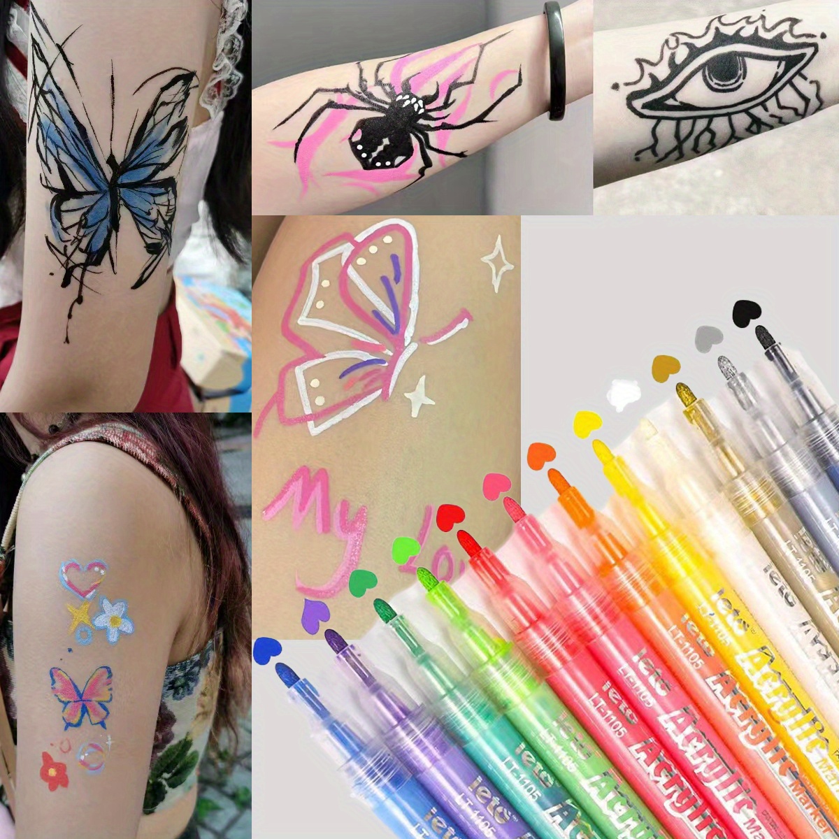 12 Colors Trendy Acrylic Temporary Tattoo Markers For All Ages