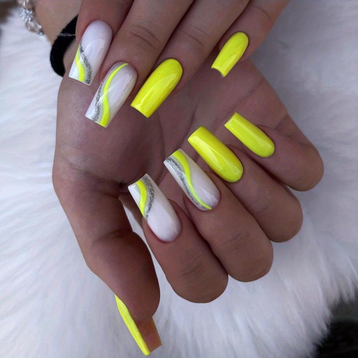 Summer Bright Yellow Nails Glitter Stripe Line Press On - Temu