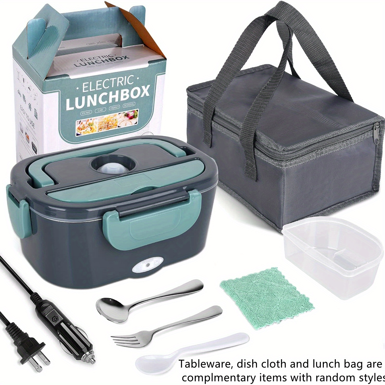 Electric Lunch Box with Insulated lunch bag ,Heated Lunch Box for Car  Office School Home Use With Forks & Spoon,1.5L Removable 304 Stainless  Steel Container 