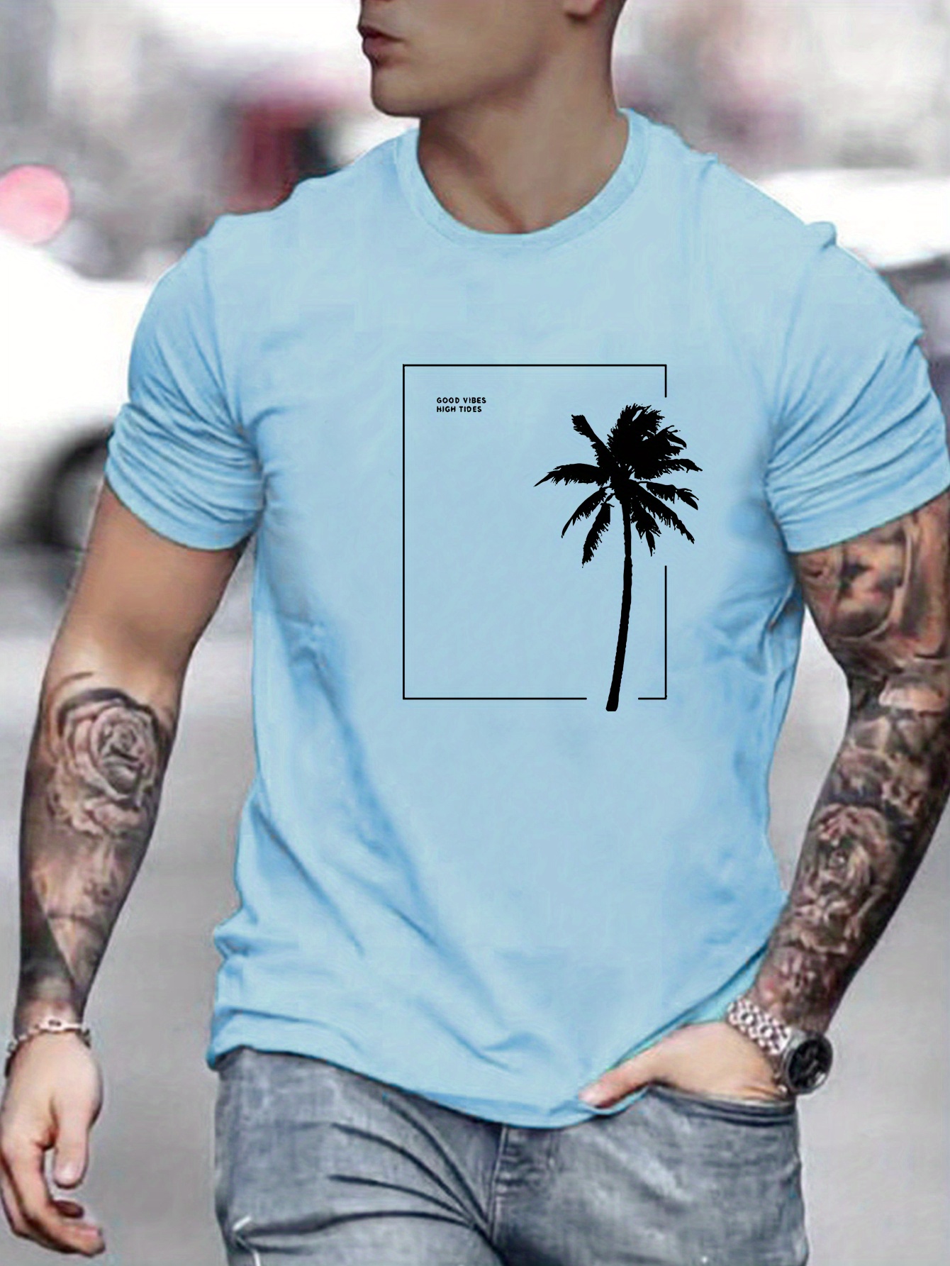 Coconut Tree Print Men's Graphic Design Crew Neck T shirt - Temu