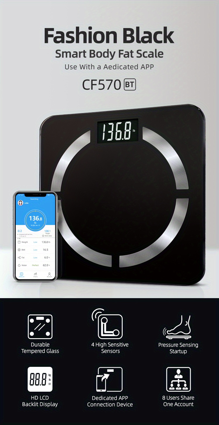 Smart Fat Scale, Body Composition Analyzer With Smartphone App Lication, Measures  Weight, Body Fat, Water, Muscle, Bmi, Visceral Fat & Bone Mass - Temu